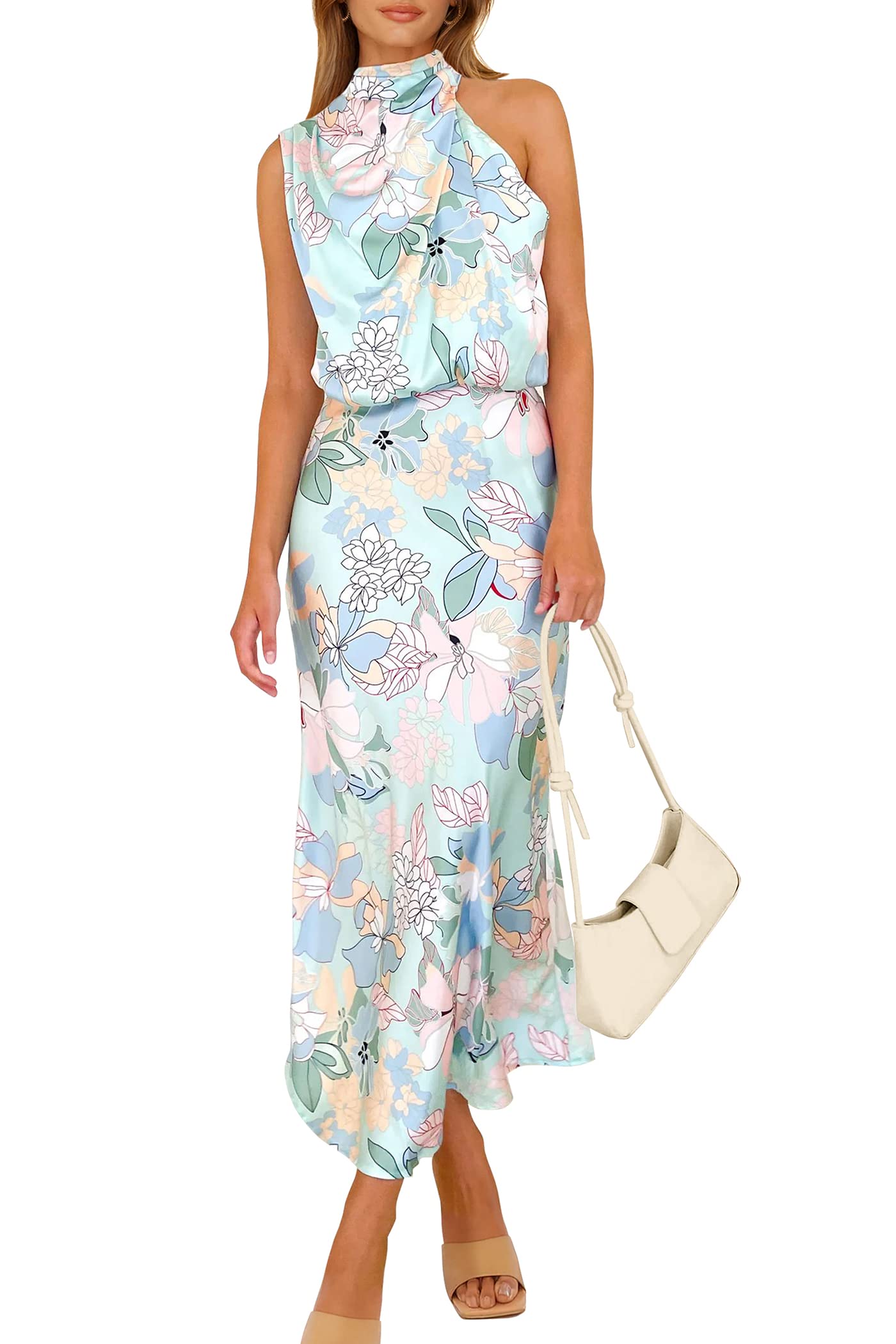 PRETTYGARDEN Vestido de satén de verano 2025 para mujer, elegante, sin mangas, cuello falso, vestido de cóctel