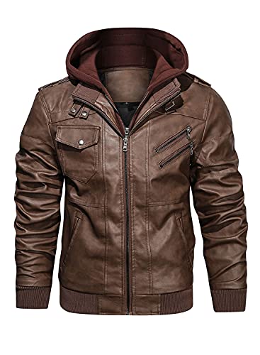 HOOD CREW Chaqueta bomber de motocicleta informal con cuello levantado de piel sintética con cremallera y extraíble para hombre
