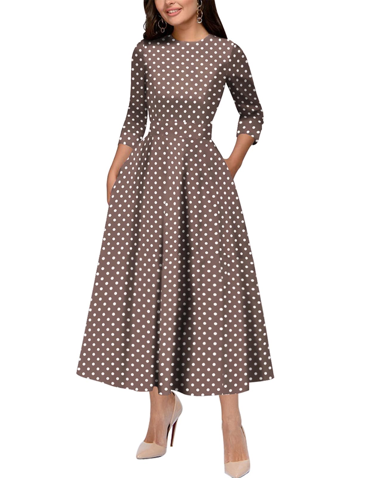Amazon.com: Vestido vintage de sabor simple para mujer, vestido de cóctel de fiesta con manga 3/4 y cuello redondo (3323BR,S): C