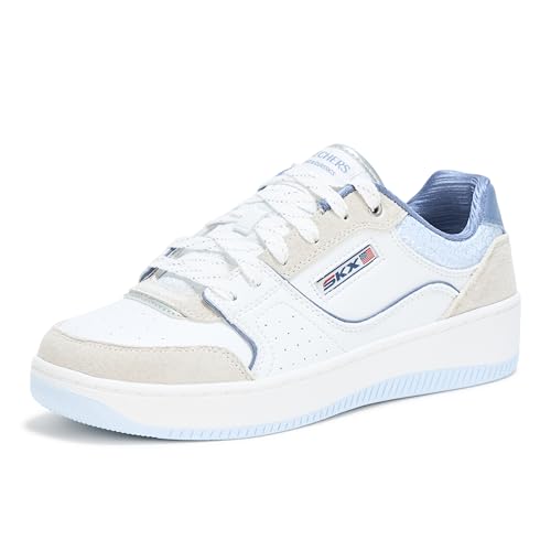 Amazon.com: Skechers D'lites Fresh Start Tenis con cordones de espuma viscoelástica para mujer, 9 de ancho, blanco/plateado: