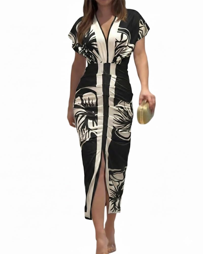 CHICME Vestidos de verano para mujer con estampado floral y cuello en V, vestido midi casual con abertura fruncida