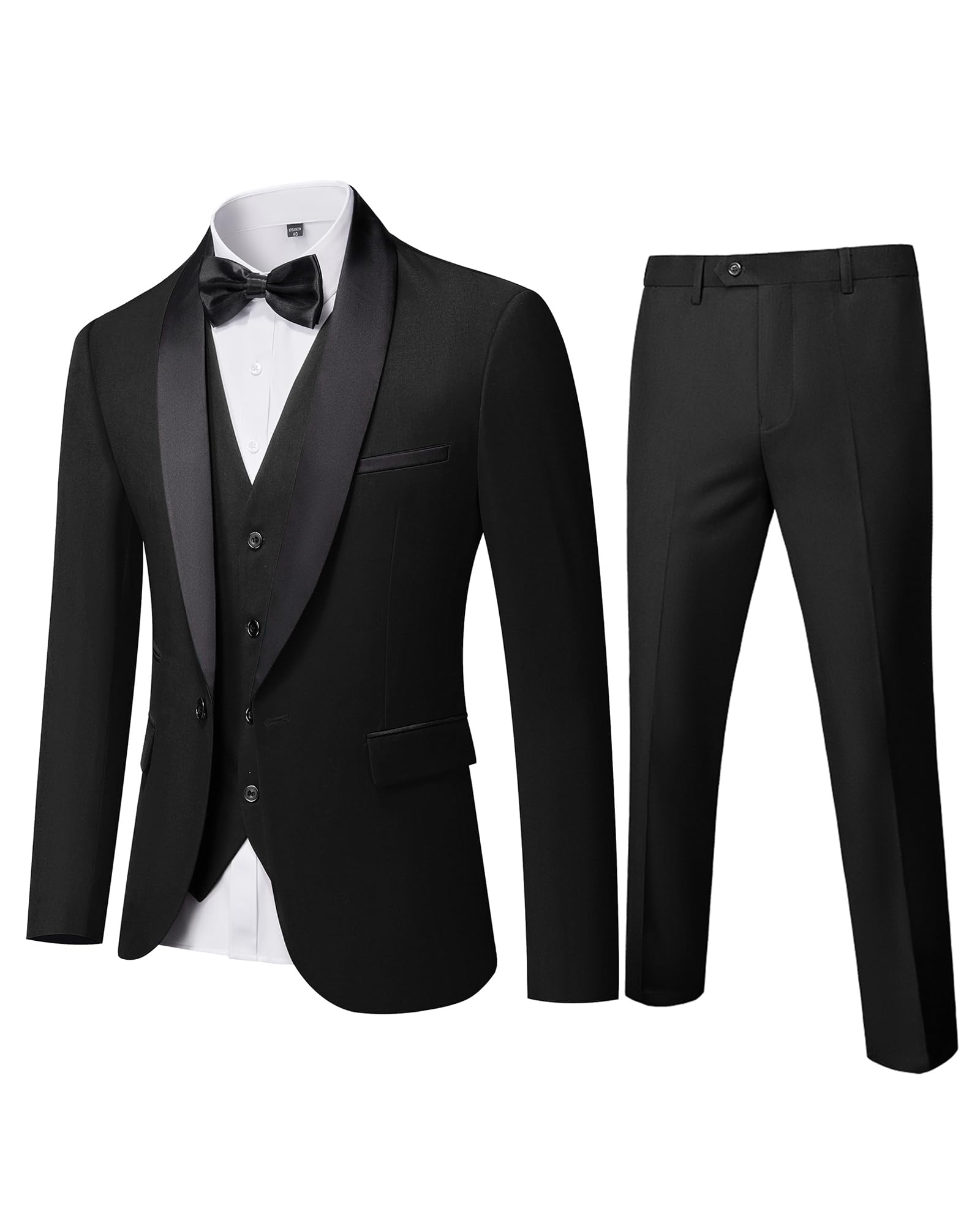 MYS Traje de 3 piezas para hombre con solapa chal y un botón, esmoquin ajustado, chaqueta de cena premium, chaleco, pantalones y corbata