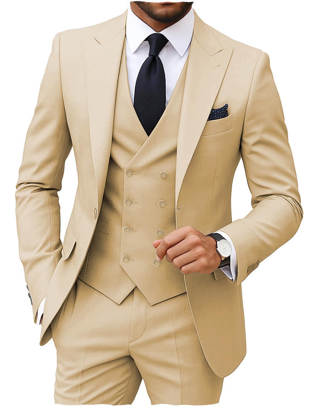MoranX Trajes de hombre de ajuste regular 3 piezas doble botonadura formal de negocios esmoquin chaqueta chaleco pantalones fo